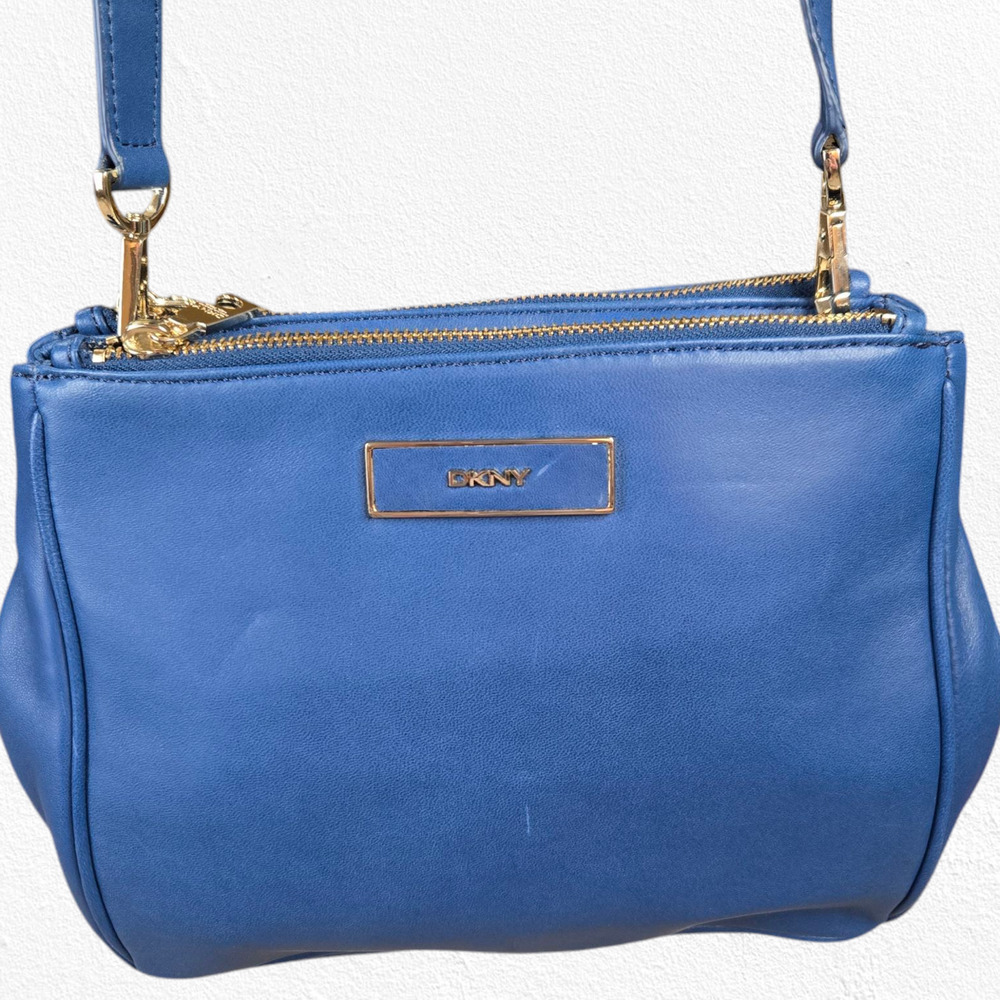 DKNY Blue Leather Crossbody Bag Adjustable Strap Gold Hardware Classic - Picture 3 of 16